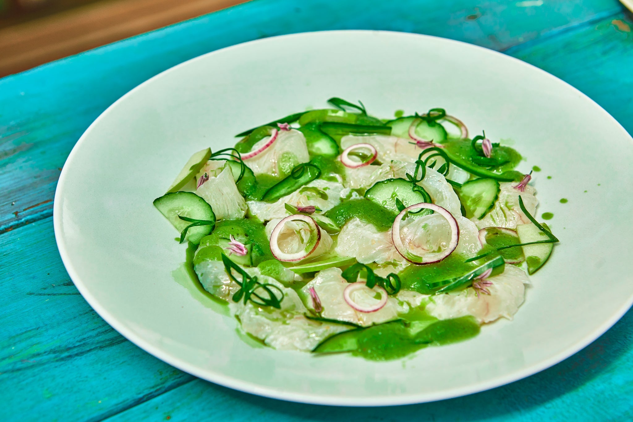 Ceviche de Cardeau, Aguachile de Pomme, Concombre, Jalapeño