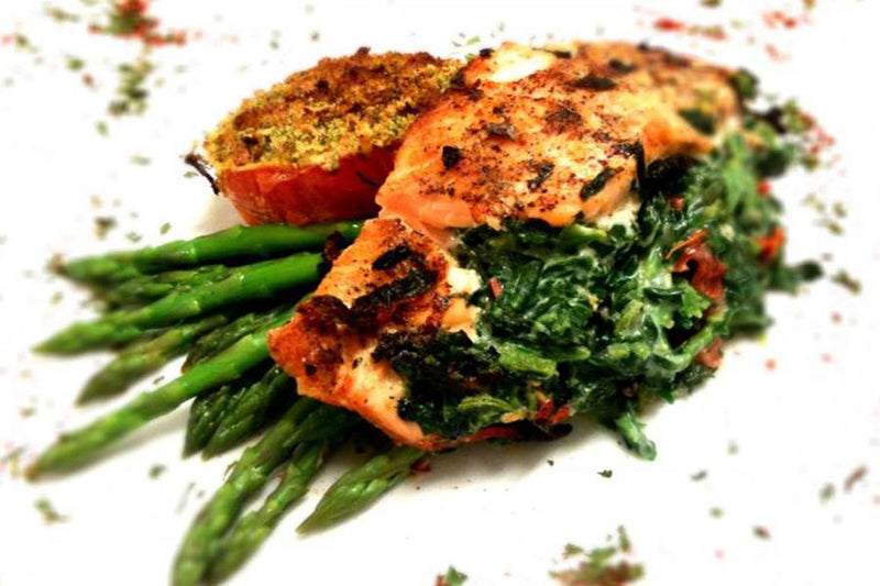 Salmon stuffed with spinach and tomato duo